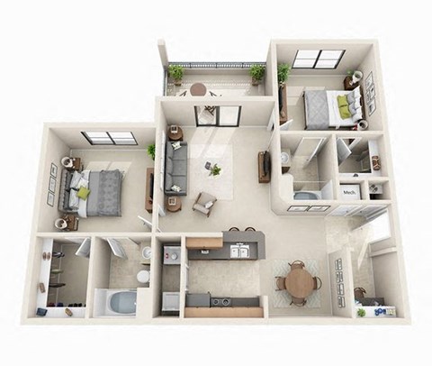 Floor plan for 2 beds, 2 baths, 1056 sqft